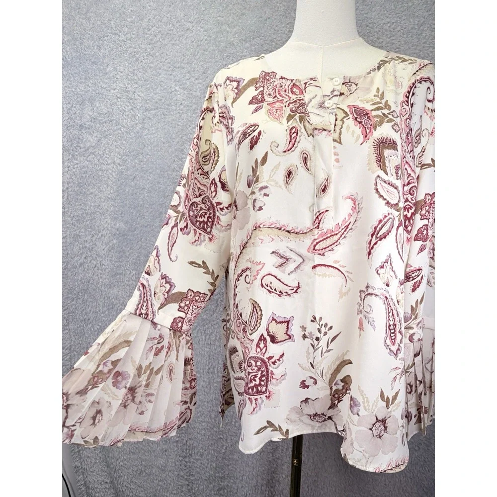 Chicos Womens 2 L Floral Paisley Tunic Top Beige Pink V Neck Bell Sleeve Boho